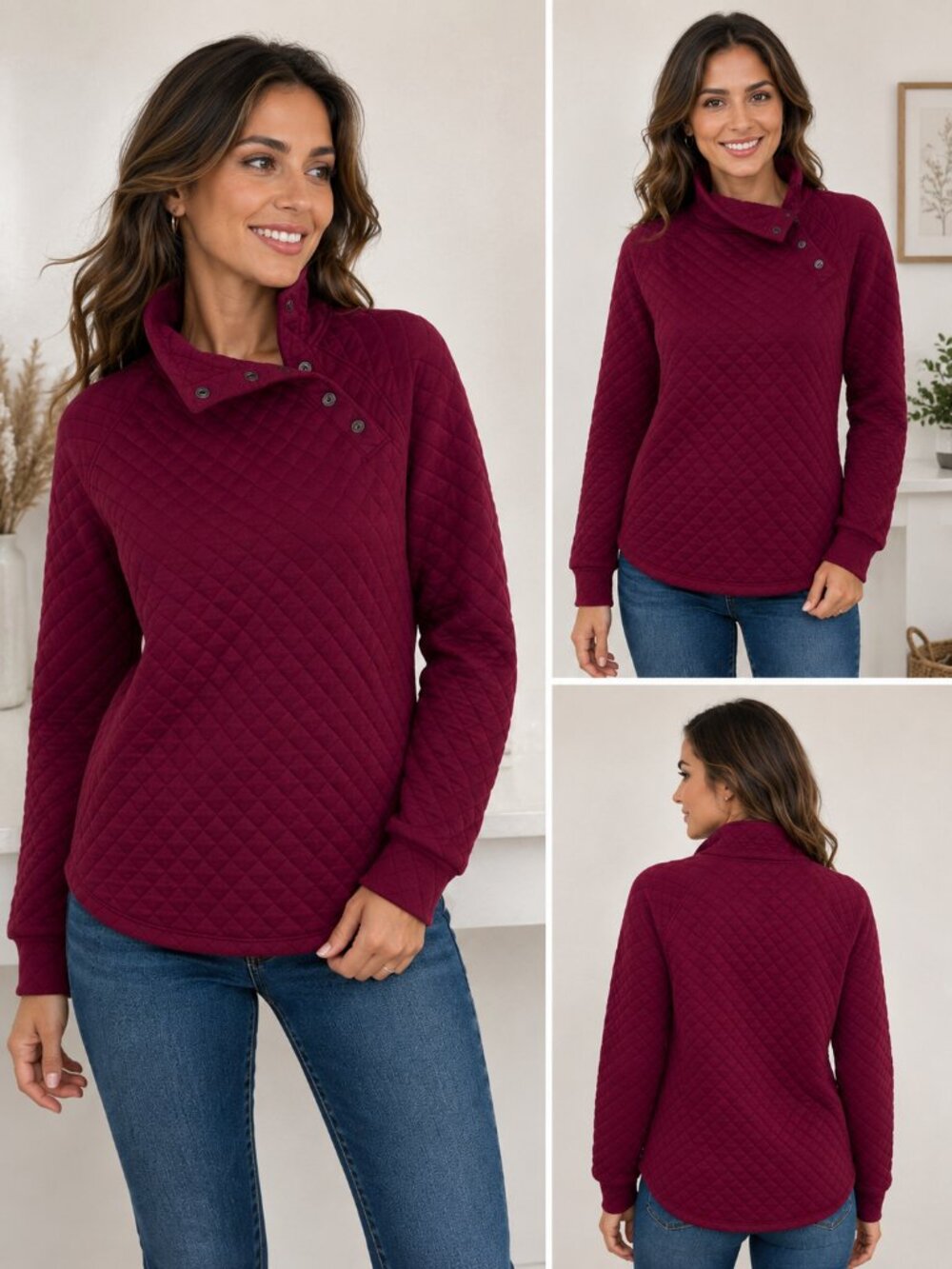 Kim Rogers Quilted Mock Neck Pullover Sweatshirt Burgundy Size M